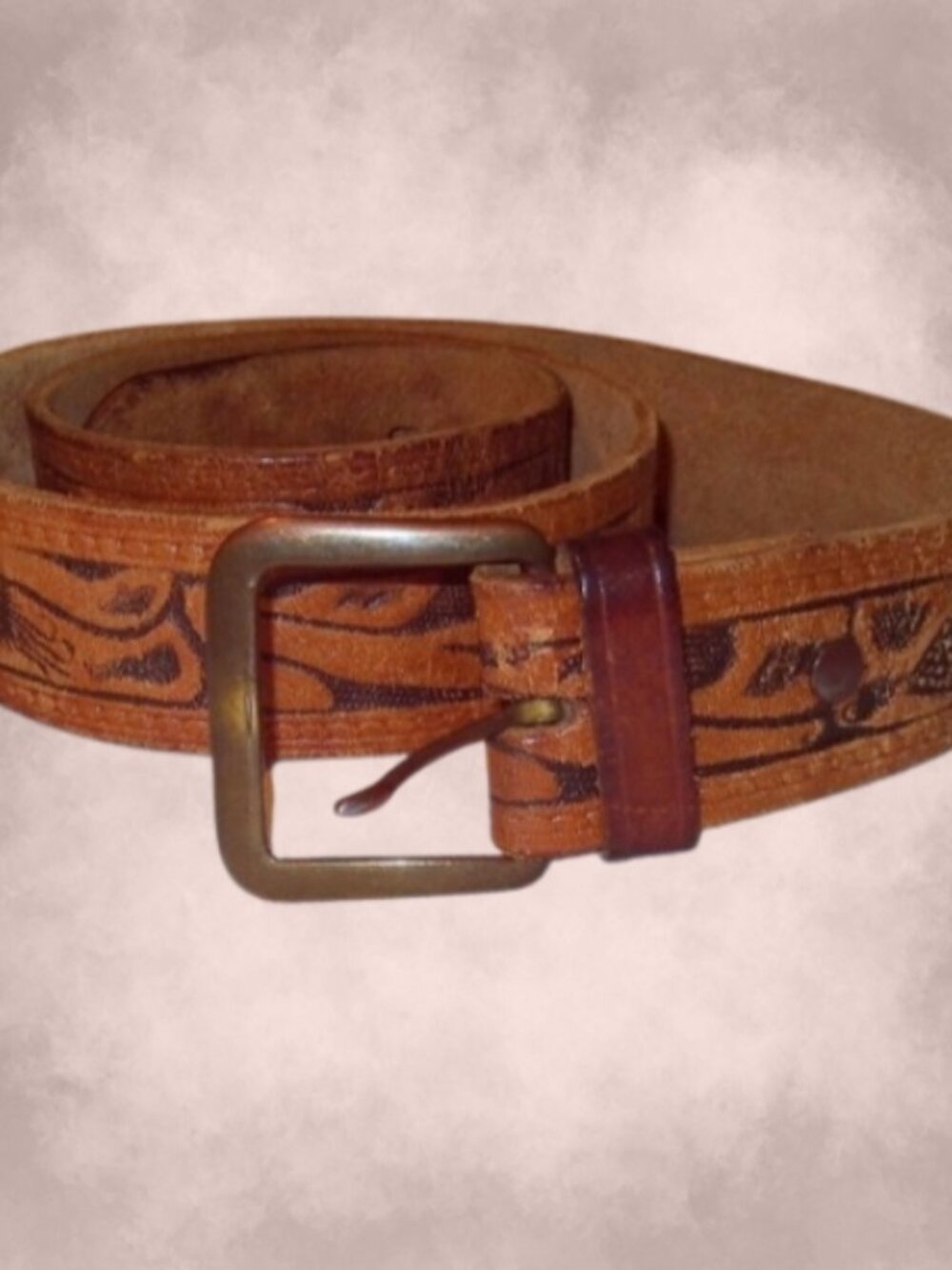 Vintage Tooled Brown Leather Western Belt 34 Brass Buckle Boho Festival Rustic